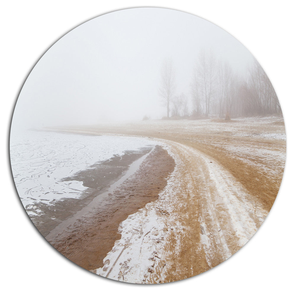 Sandy Beach In The Winter Fog, Modern Seashore Round Wall Art, 36"