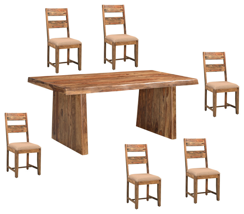 Damian 7-piece Upholstered Live Edge Solid Wood Dining Set, Brown