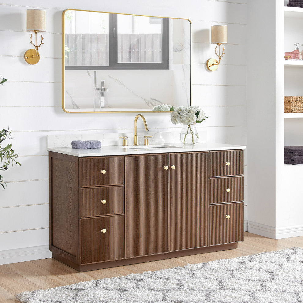 Oza Bath Vanity with Quartz Stone Top, Aged Dark Brown Oak, 60", Single Vanity, No Mirror
