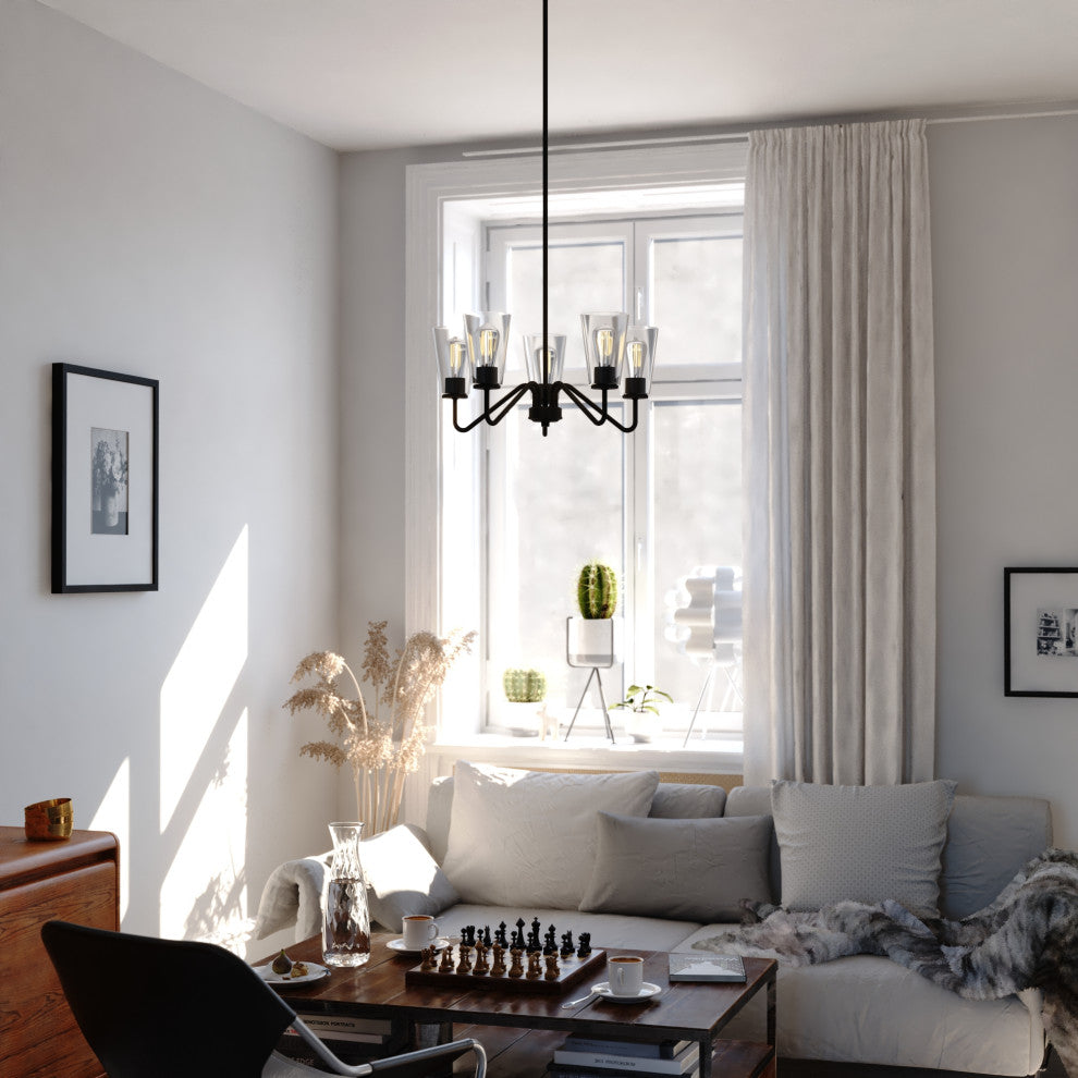 Beverly 5 Light Matte Black Chandelier Fixture Clear Glass Shade, LED Compatible