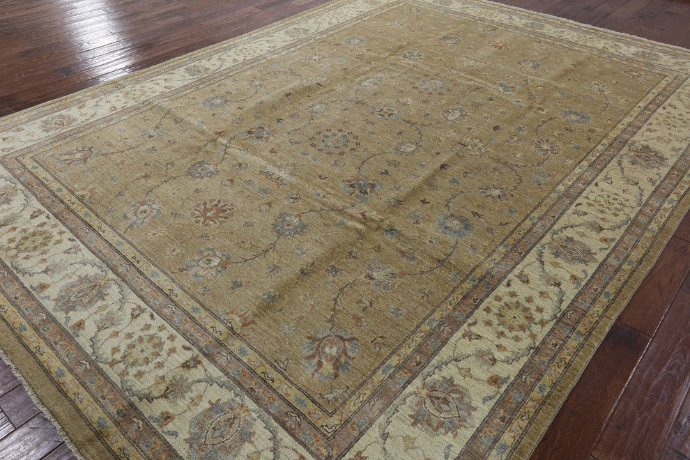 Gold Chobi Peshawar Hand-Knotted Oushak Style Wool Rug, 9'x12'