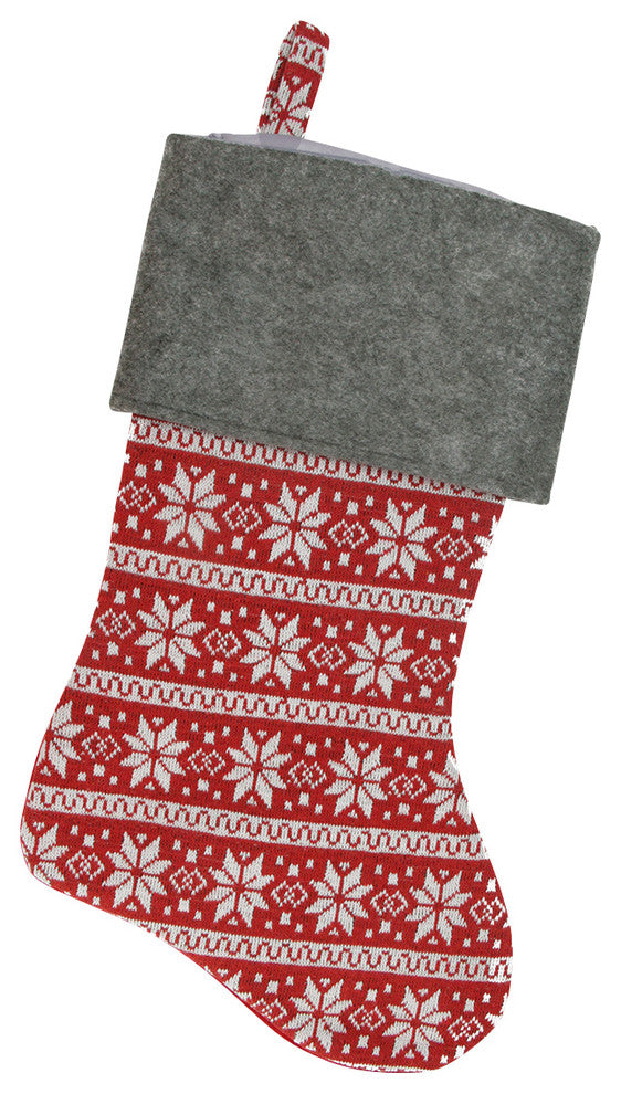 Festive Poinsettia Style Snowflake Motif Sweater Stocking, Red White and Grey