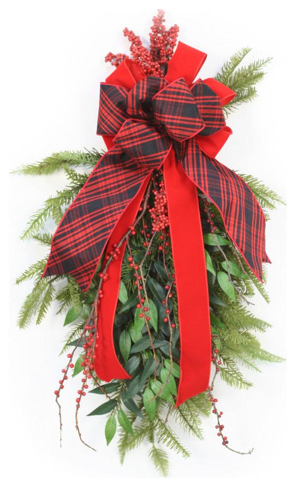 Pine Swag with Berries and Buffalo Plaid Ribbon