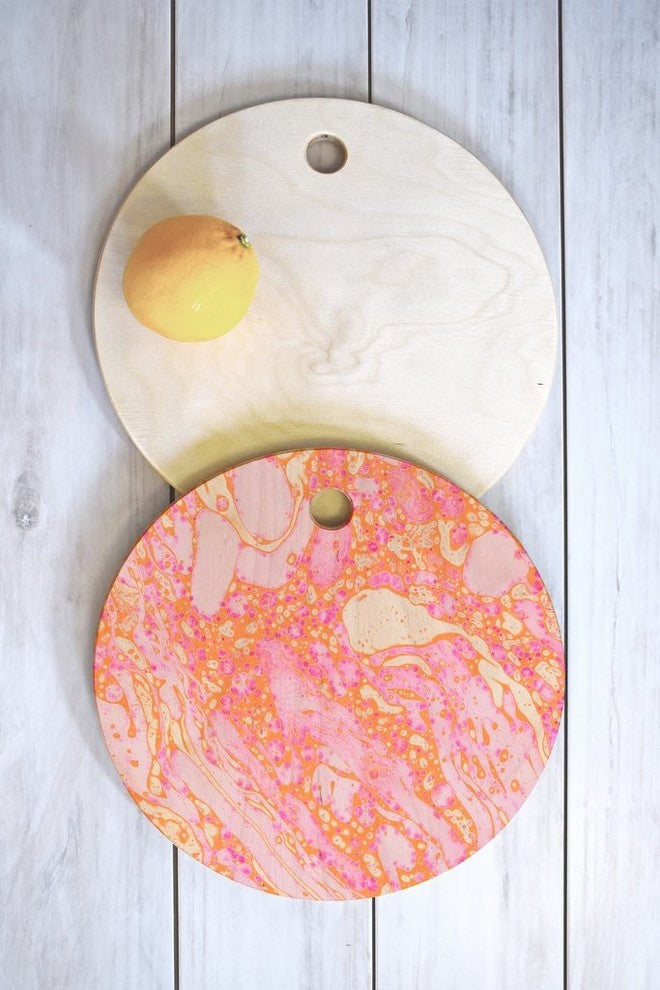 Amy Sia Marble Orange Pink Cutting Board Round, 11.5"x11.5"