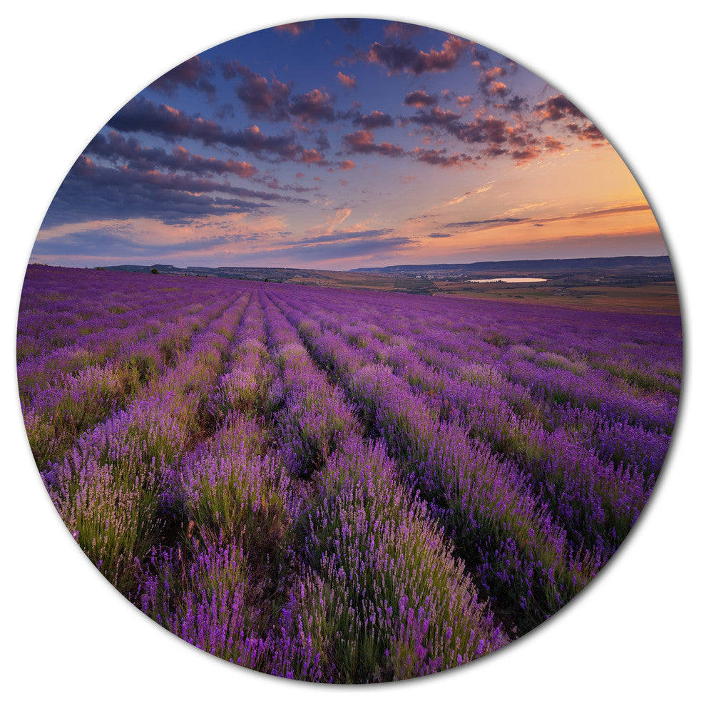 Dark Lavender Field With Cloudy Sky, Floral Round Wall Art, 23"