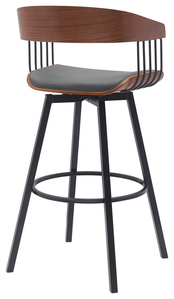 Athena 27" Swivel Walnut Wood Counter Stool Gray Faux Leather With Black Metal, 31