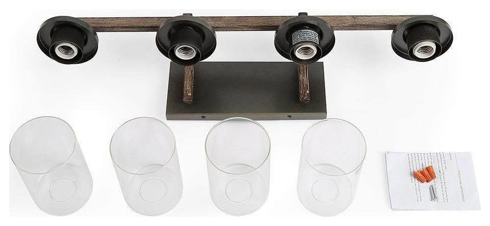 LALUZ Clear Glass Farmhouse Bathroom Vanity Lights, Bronze and Wood Grain, 4-Light