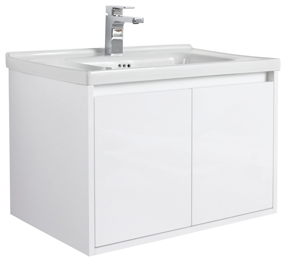 Wall Mounted Bathroom Vanity, Glossy White, 28'' W/ Sink