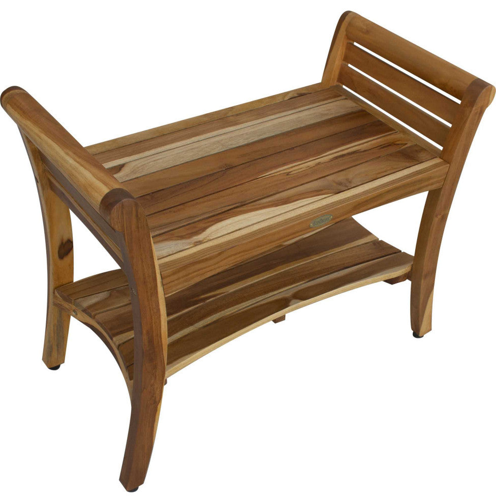 HomeRoots Rectangular Teak Shower Bench With Shelf and Handles, NaturalFinish