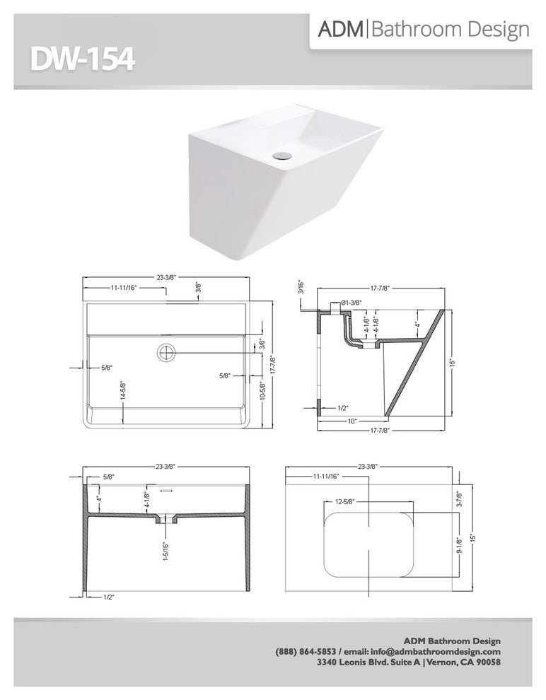 ADM Rectangular Wall Mounted Sink, White, 24", Matte White
