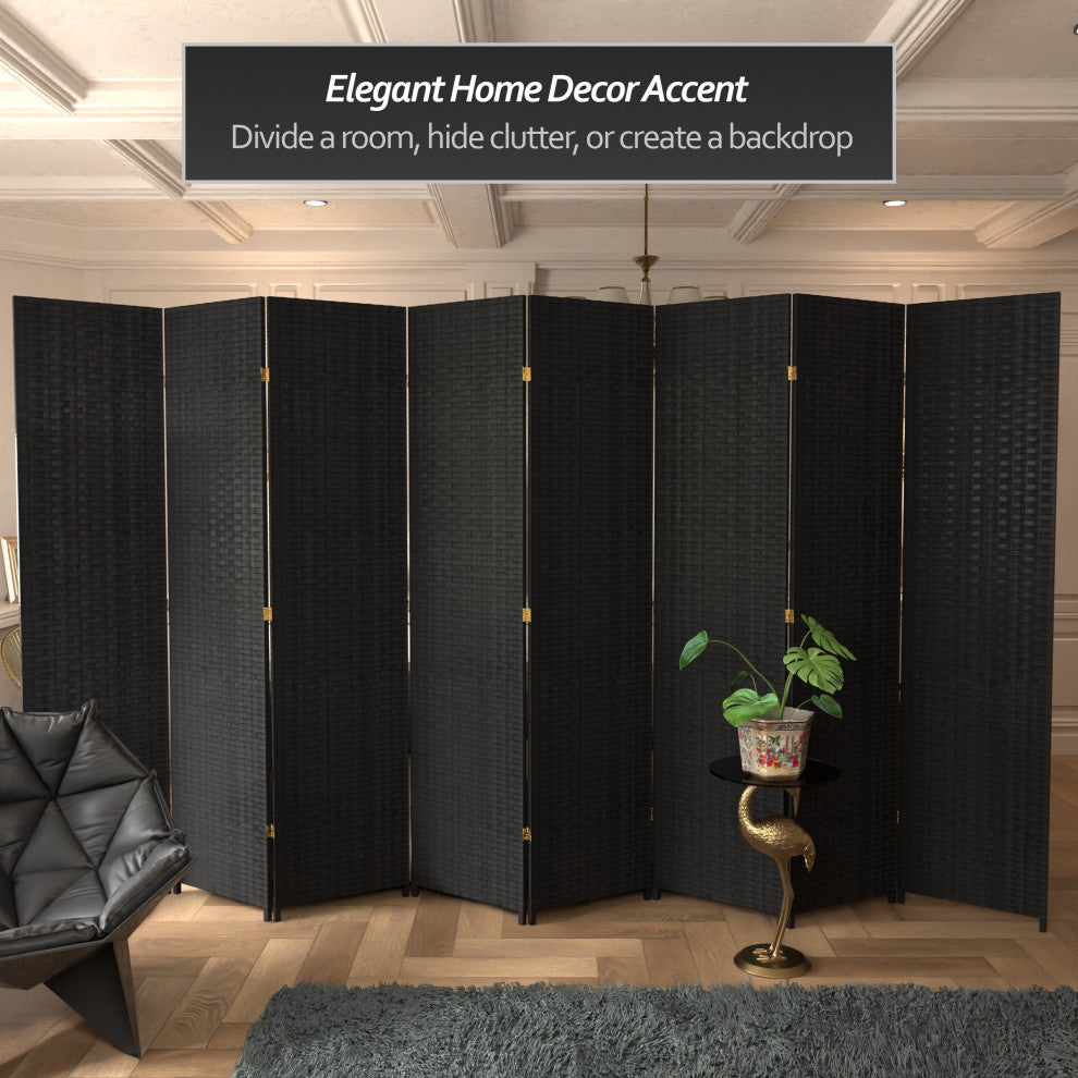 7' Tall Woven Fiber Room Divider, Black, 8 Panel