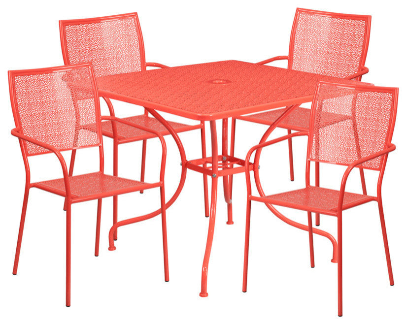 35.5'' Square Indoor-Outdoor Steel Patio Table and 4 Square Back Chairs, Coral