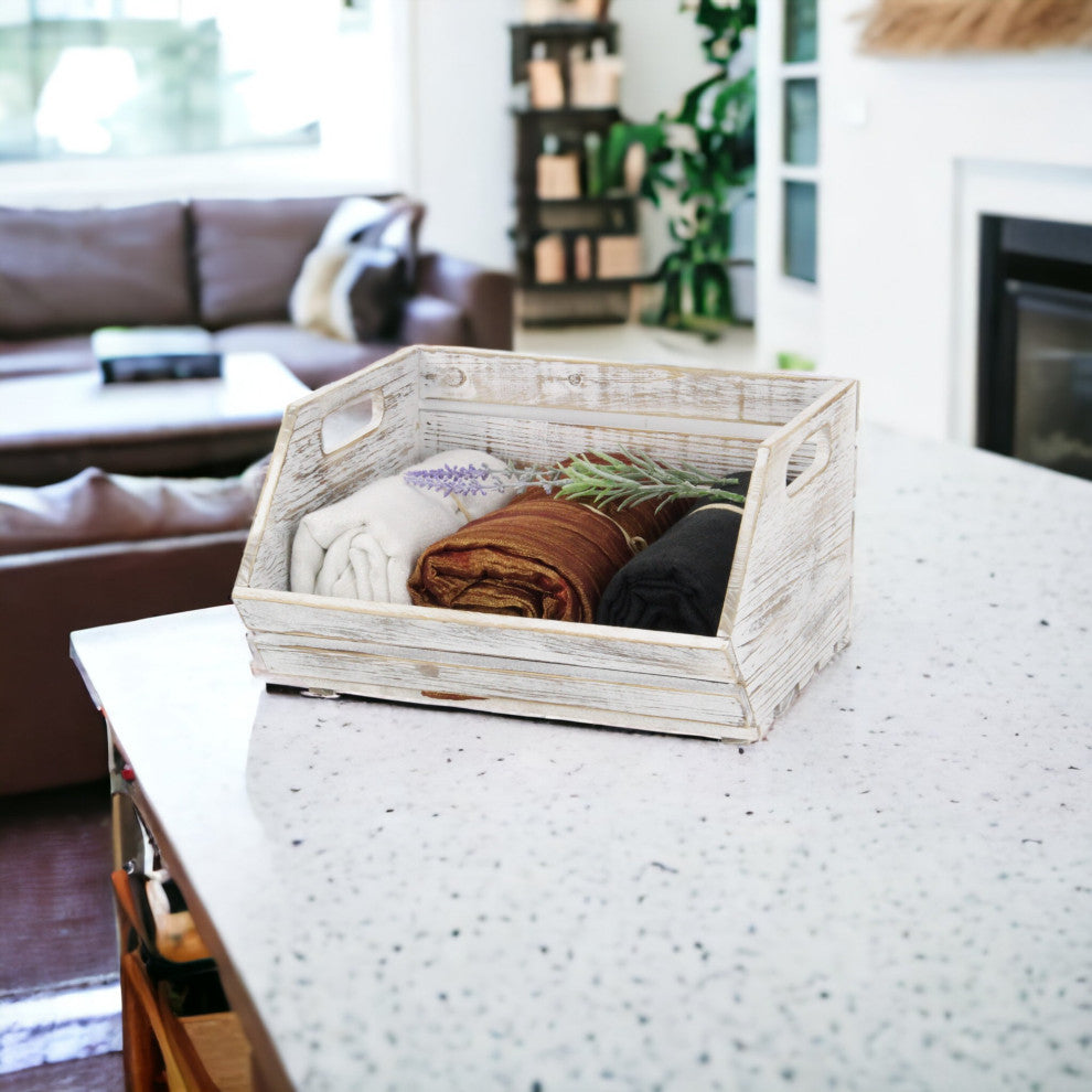 Wood Slat Stackable Storage With Side Handles, Gray Wash