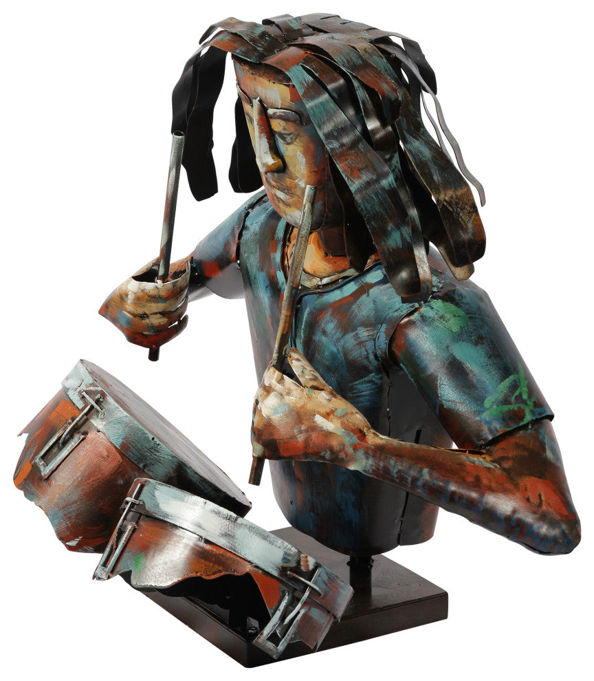 "Homme" Iron Hand-Painted Colorful Art Sculpture, Multi Color, The Drummer