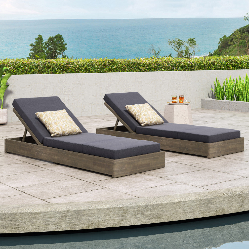 GDF Studio Acacia Wood Chaise Lounge & Foldable Cushion Set, Sandblast Gray/Dark Gray, Set of 2