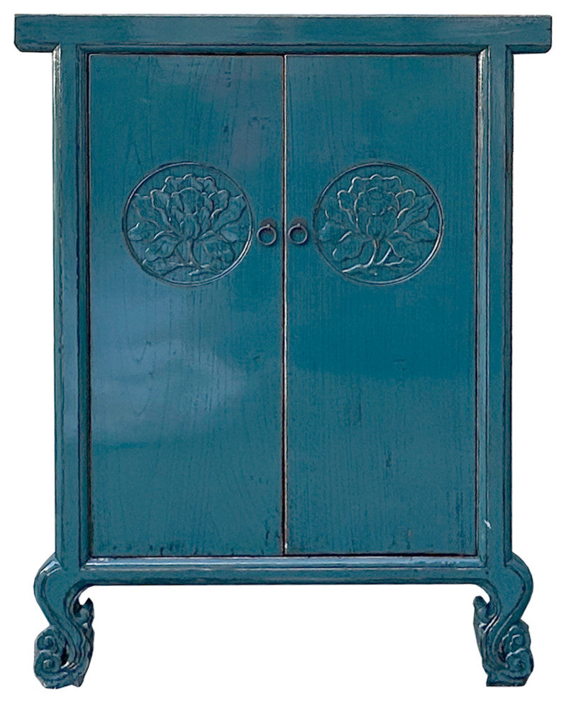 Distressed Teal Blue Lotus Carving Tall Credenza Storage Cabinet