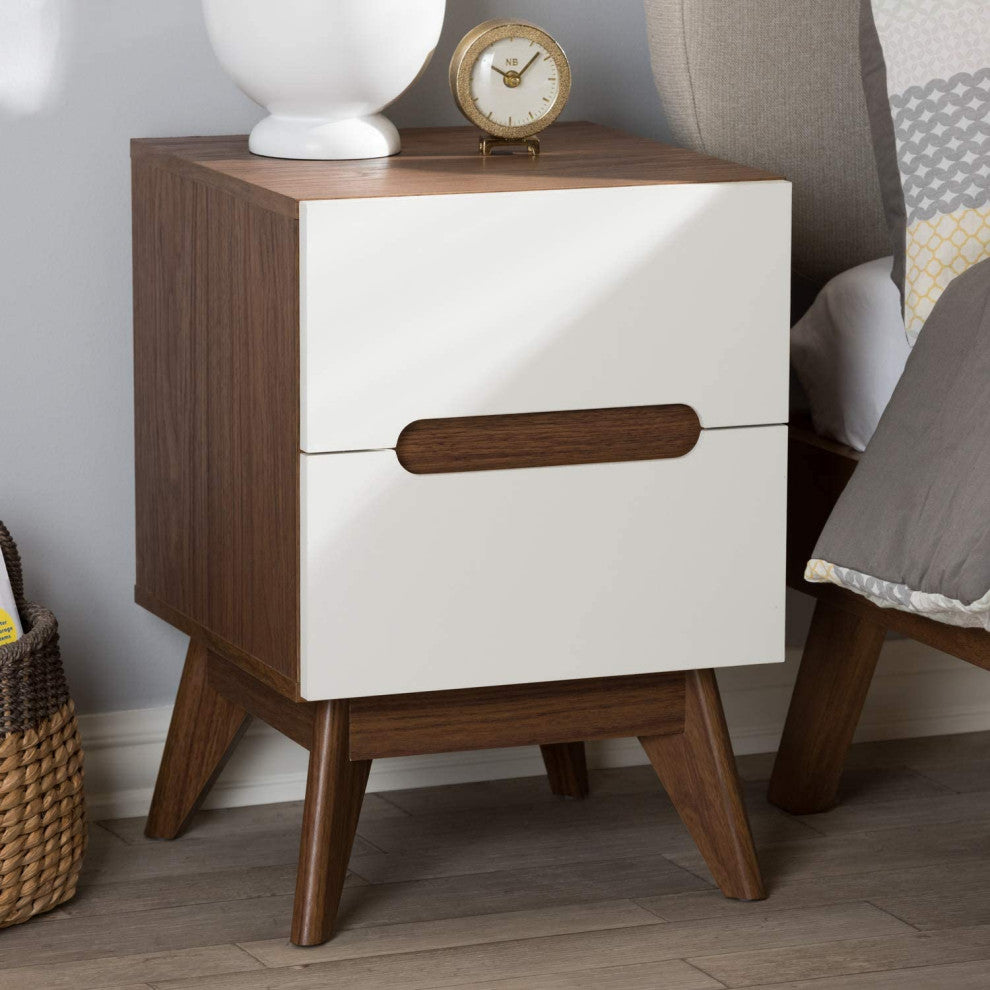 Mid-Century Modern White and Walnut Wood 3-Drawer Storage Nightstand