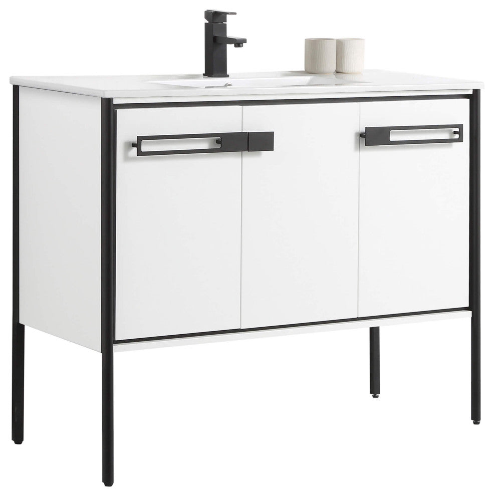 Oakville Bath Vanity, Ceramic Sink, White Matte, 42 Inch, Black Hardware