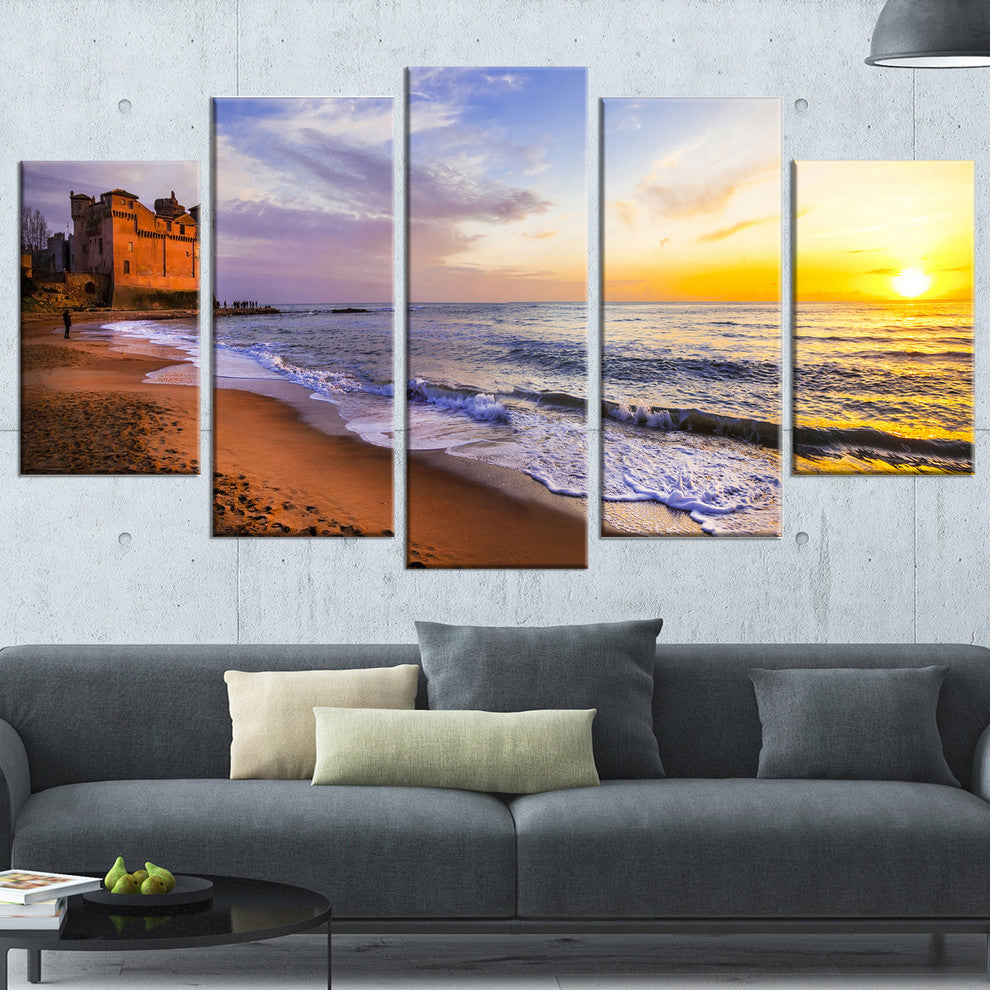 "Castle Santa Severa Over Sunset Italy" Seascape Wall Art, 5 Panels, 60"x32"