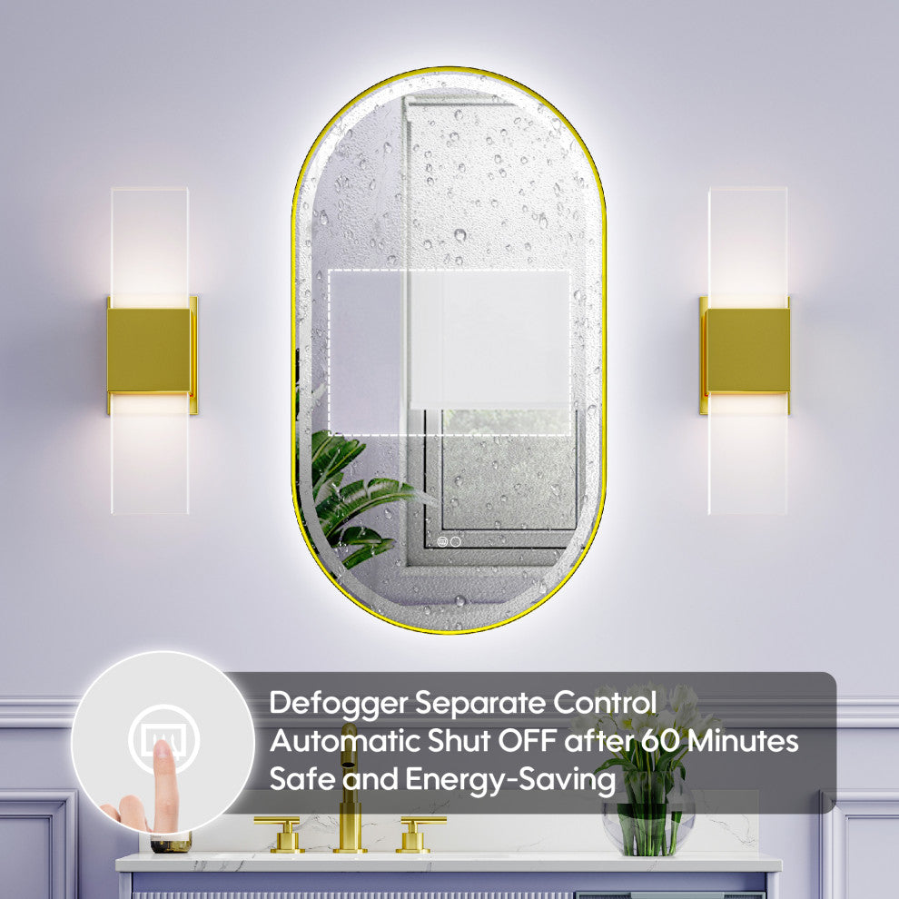 Oval LED Bathroom Vanity Mirror, Defogger and Dimmer, ETL-listed, Brushed Gold, 20"x36"