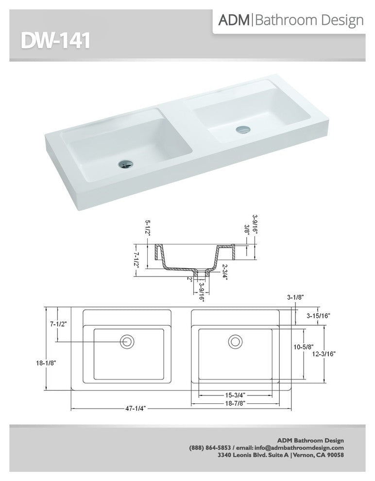 ADM Double Rectangular Stone Resin Countertop Sink, White, 47", Matte White