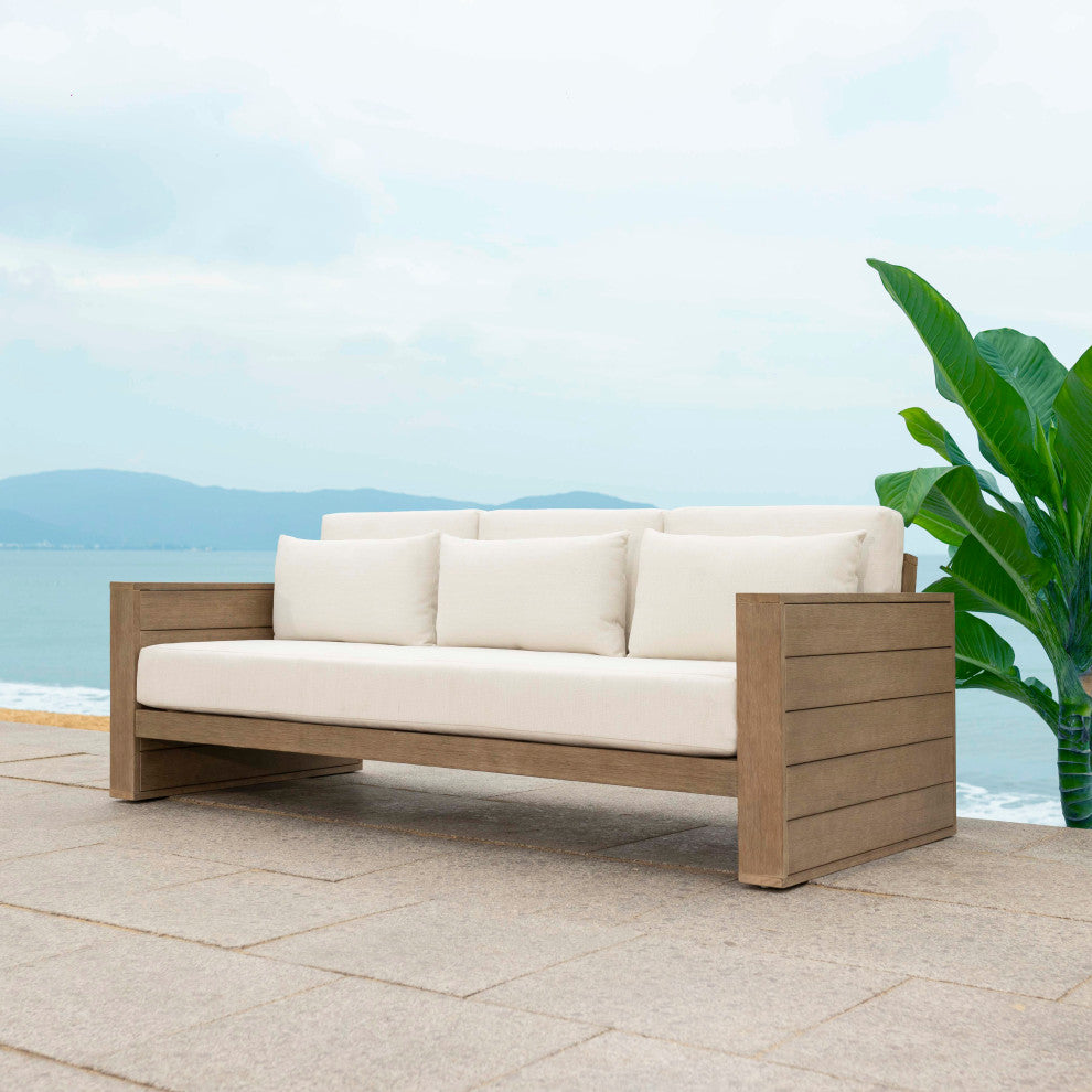 Safavieh Couture Indoor-Outdoor Santiago Eucalyptus Patio Sofa, Natural/Beige