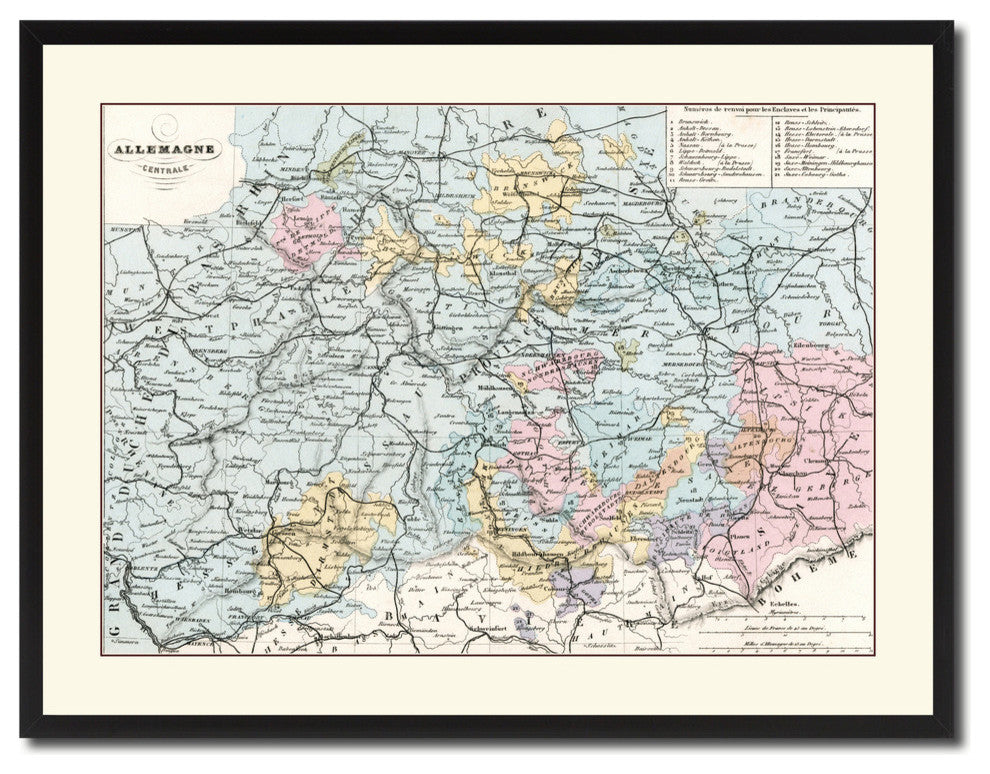 Central Germany Vintage Map Print On Canvas With Picture Frame 28" X 37"