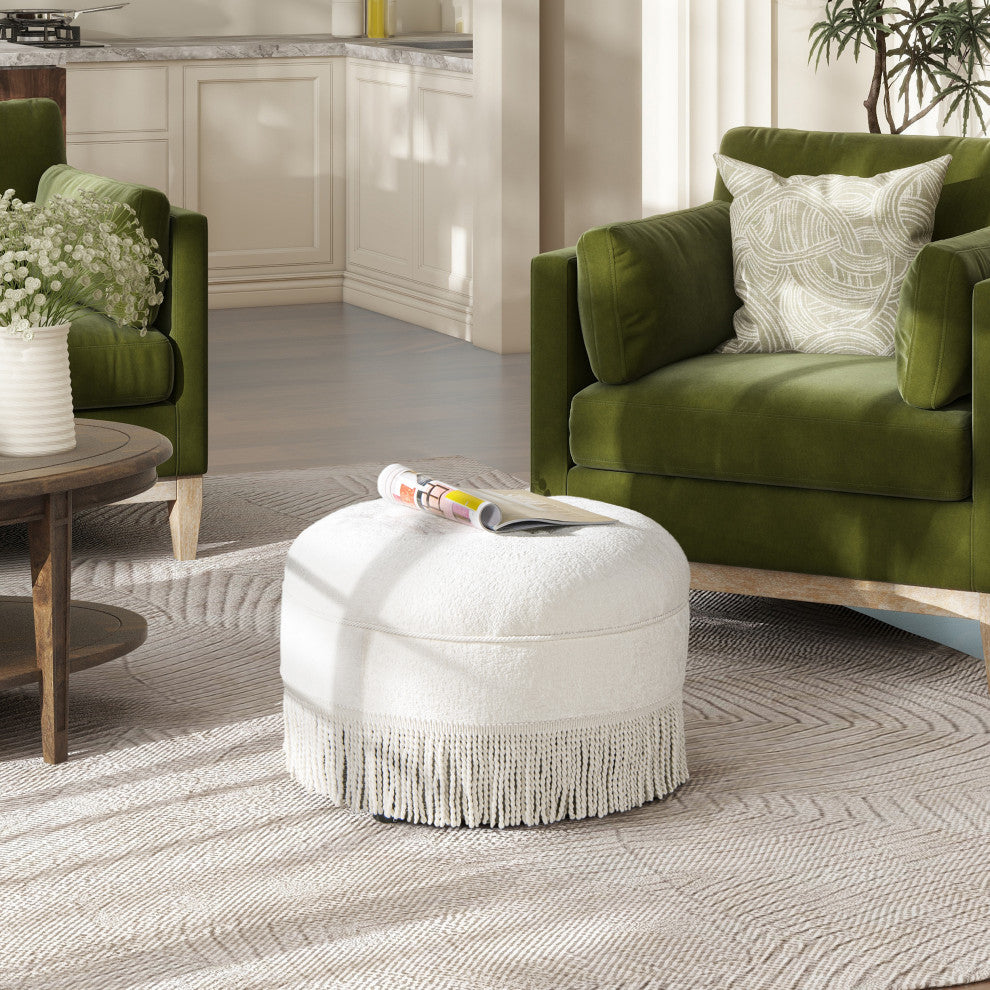 Yolanda 24" Upholstered Round Accent Ottoman, Almond White Chenille