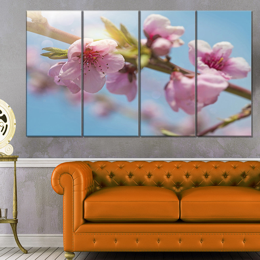 Stem of Peach Blossom Flowers, Floral Canvas Art Print, 48"x28", 4 Panels