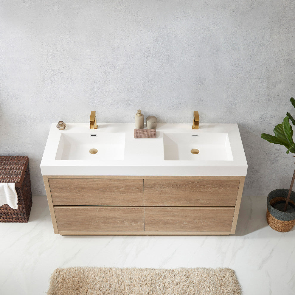 Huesca Bath Vanity, Integrated Sink Top, North American Oak, 60" Double Sink, Without Mirror