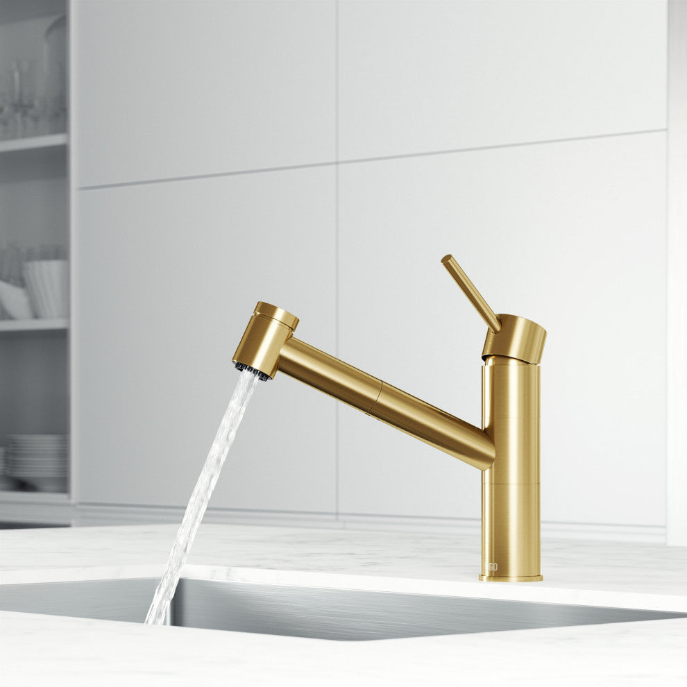 VIGO Branson 9" H Single Handle Pull-Out Sprayer Kitchen Faucet, Matte Brushed Gold, Without Extras