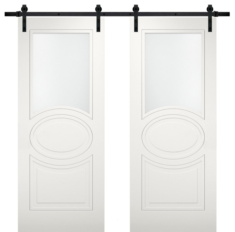 Double Barn Doors Opaque Glass / Mela 7012 Matte White / 13FT Rail, 72" X 96" ( 2* 36x96)