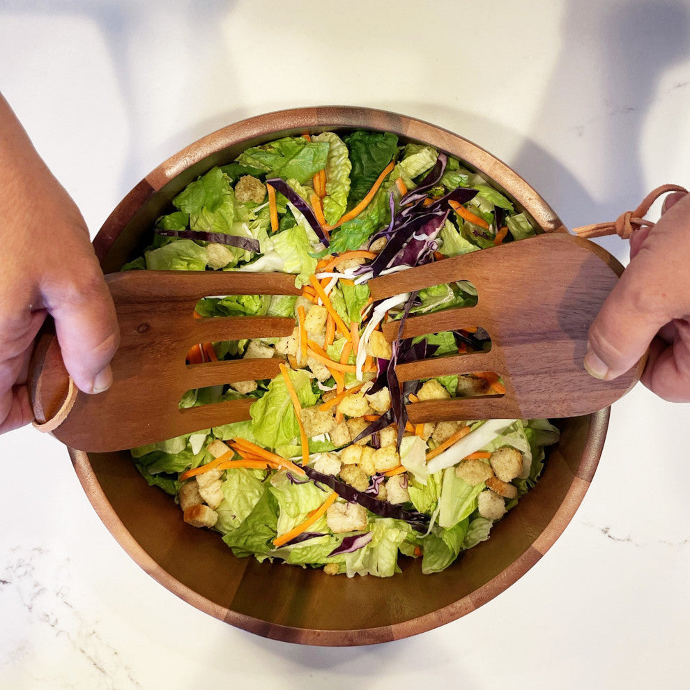 Acacia Wood Salad Bowl With Serving Hands, Medium, Medium