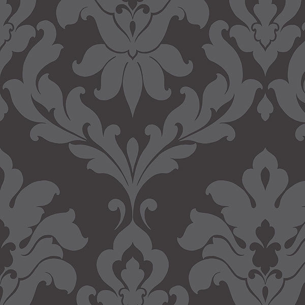 Modern Damask Wallpaper, Matte/Shiny Black, Sample