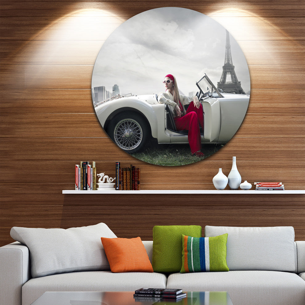Fashion Woman In Car, Art Car Disc Metal Artwork, 11"