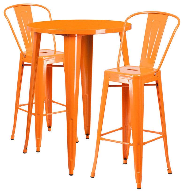 30" Round Orange Metal Indoor-Outdoor Bar Table Set with 2 Cafe Stools