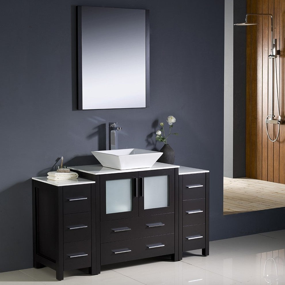 Torino 54" Espresso Modern Bathroom Vanity With 2 Side Cabinets, FFT3112BN