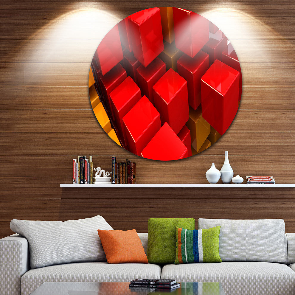 Fractal 3D Red N Yellow Cubes, Abstract Art Round Wall Art, 36"