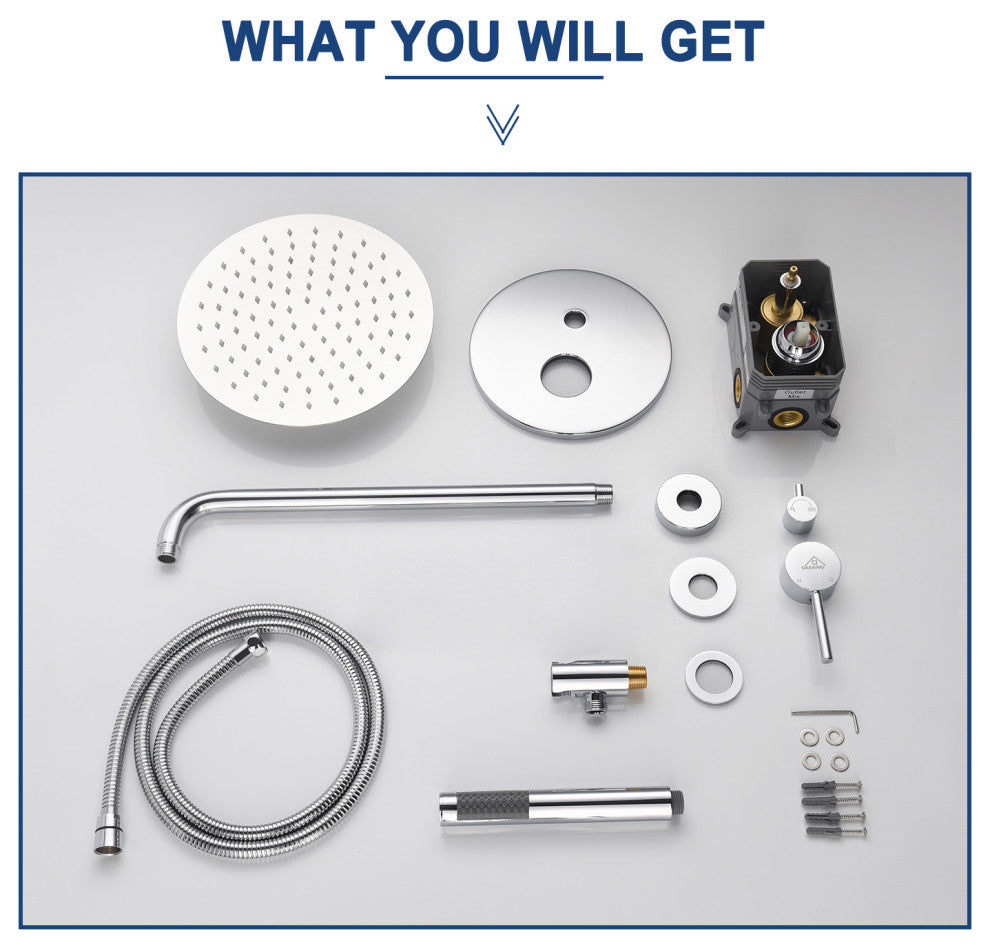 CASAINC 10" Round Wall Mounted Luxury Rain Shower System with Handheld Spray, Chrome