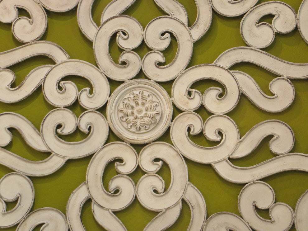 38" Large White Scroll Wall Medallion, Round Art Metal Iron Swirl