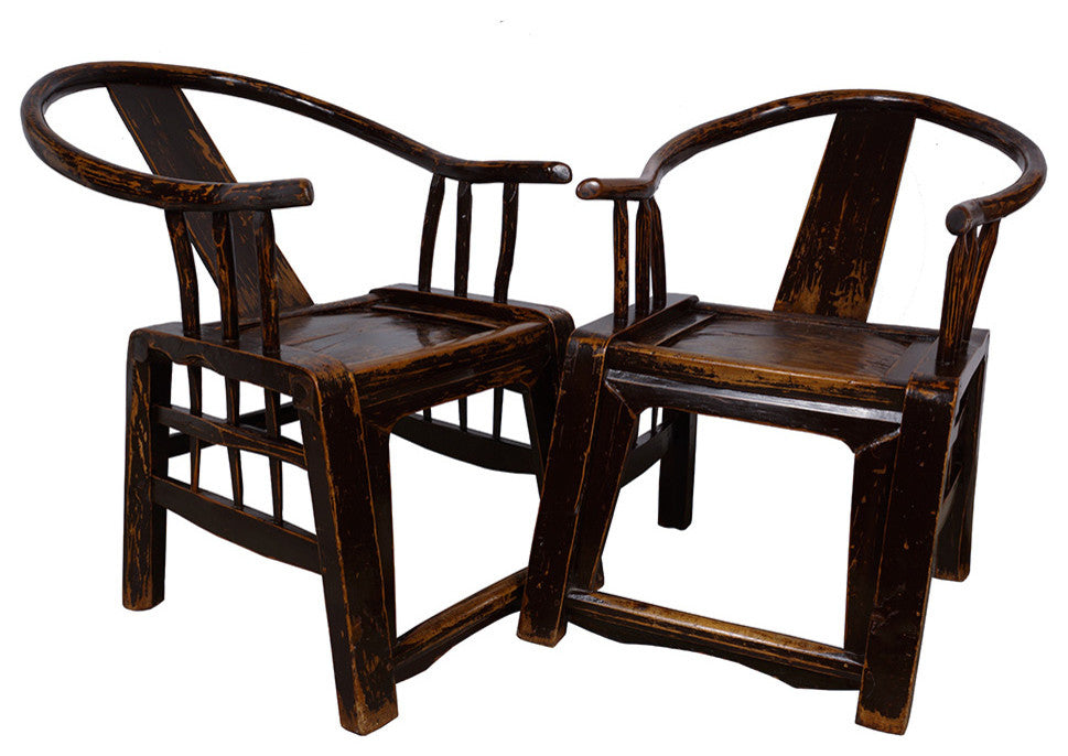 Consigned Antique Chinese Yoke Armed Horseshoe Chairs, 2-Piece Set