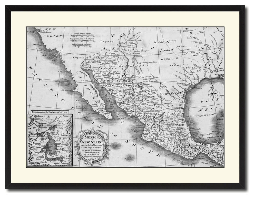 Mexico Vintage Map Print On Canvas With Black Custom Frame, 28" X 37"