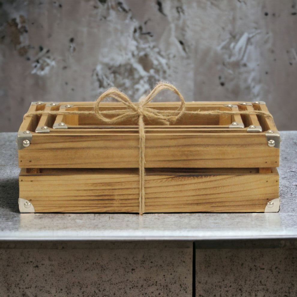 Rustic Farmstead Dark Brown Studded Wood Crate Set
