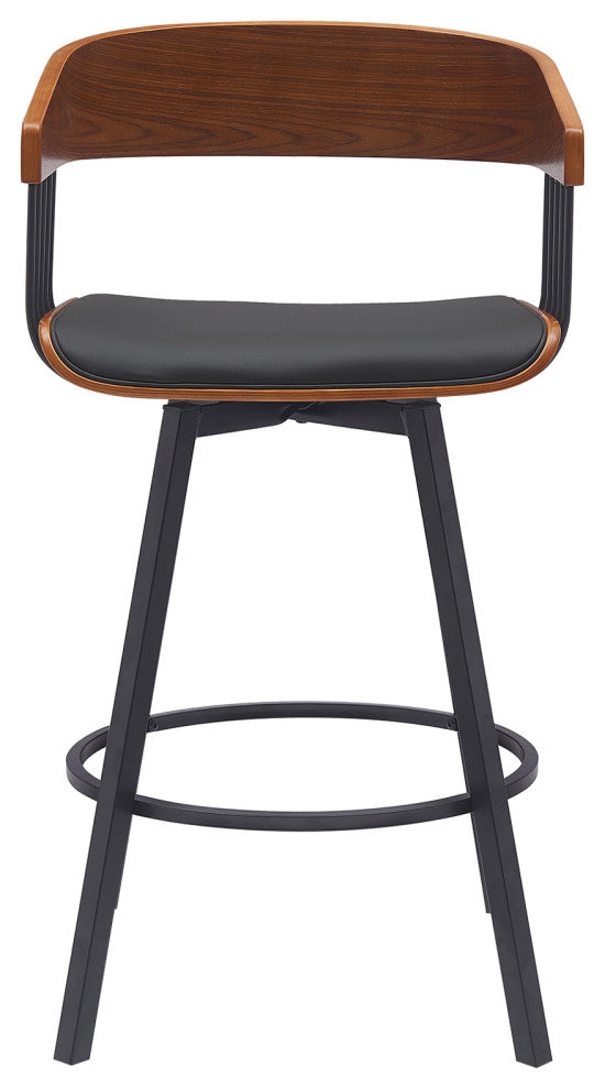 Athena Swivel Walnut Wood Counter Stool Black Faux Leather With Black Metal, 27"