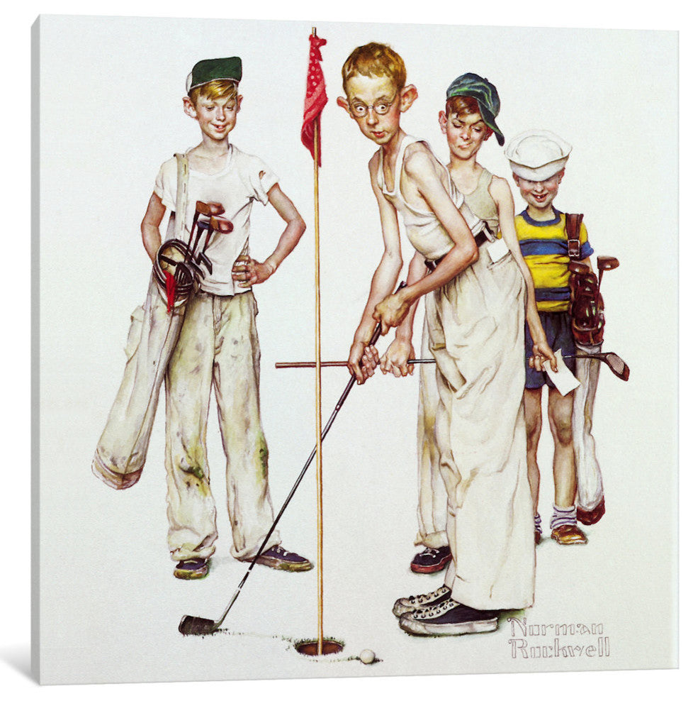 "Missed (Four Sporting Boys: Golf)" by Norman Rockwell, 12x12x1.5"