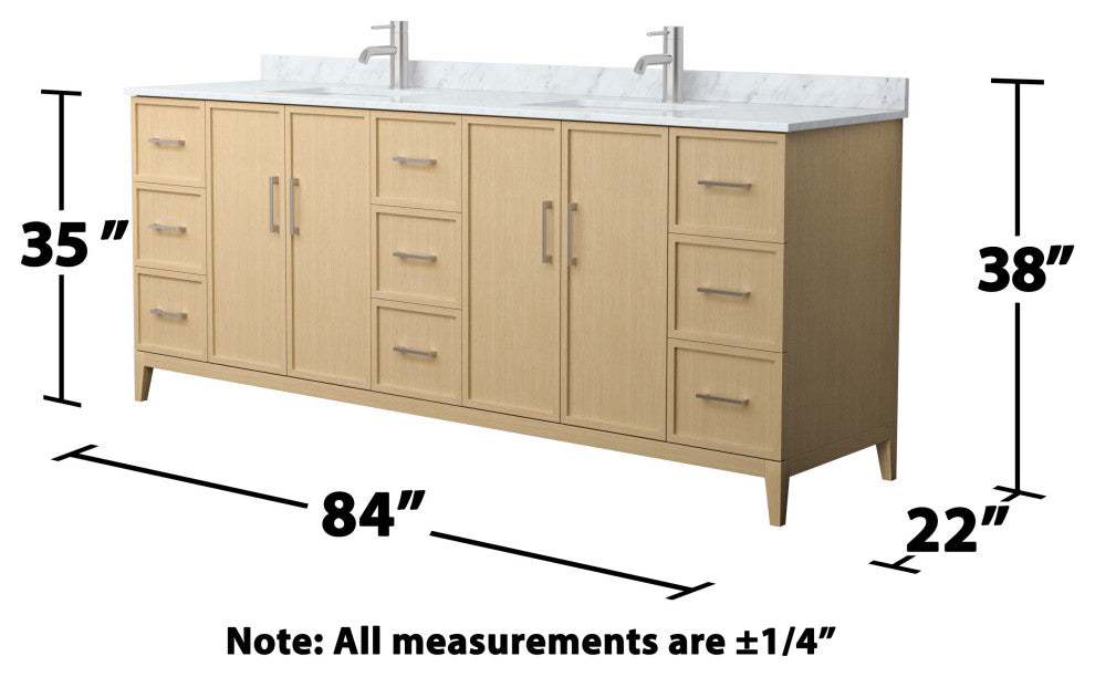 Elan 84" Double Vanity, White Oak, White Carrara Marble Top, Nickel Trim
