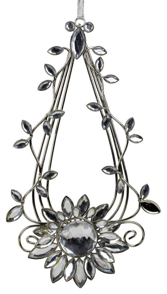 Elegant Silver Flower Jeweled Teardrop Christmas Ornament, 7"