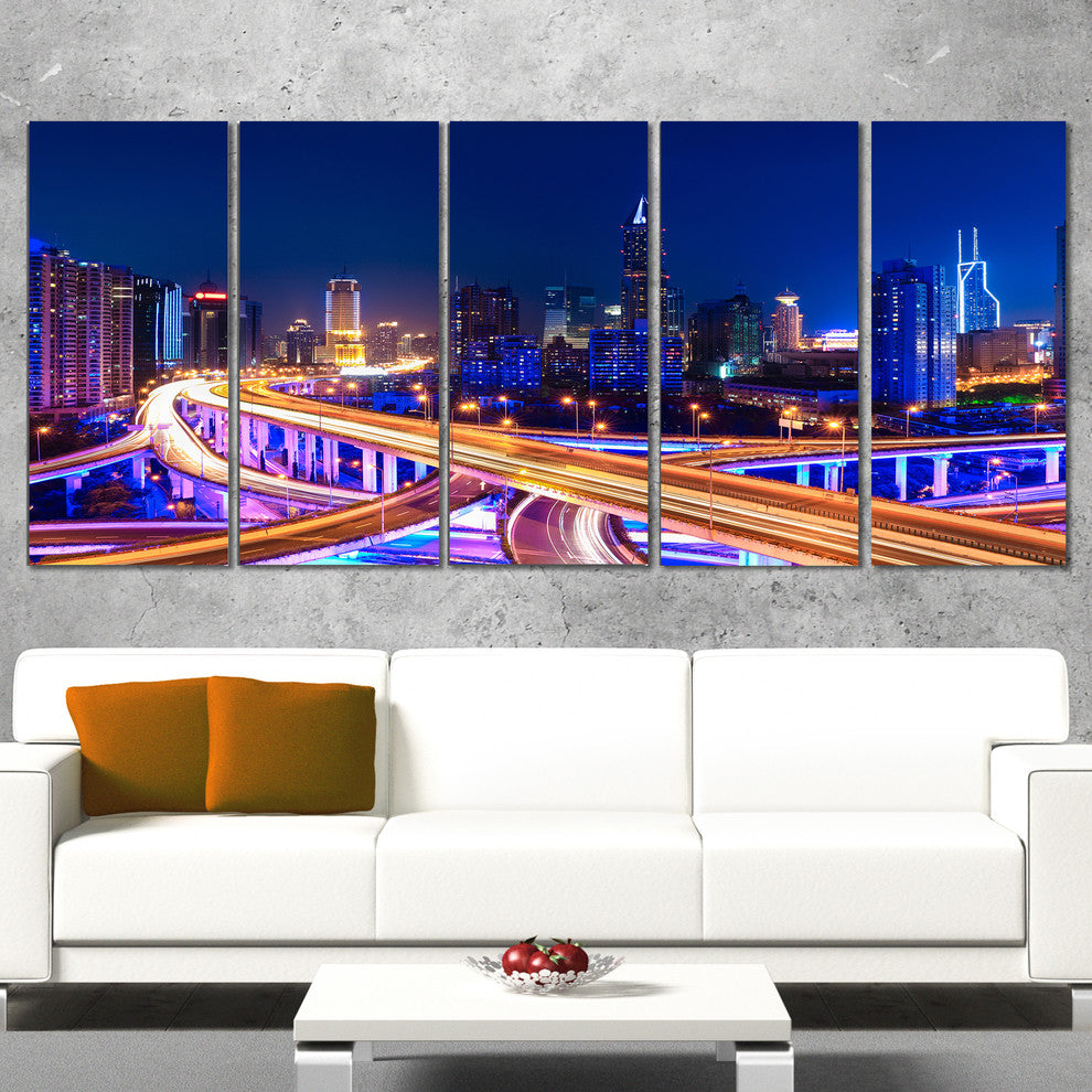 "Interchange Overpass at Night Skyline" Wall Art, 60"x28", 5-Panels