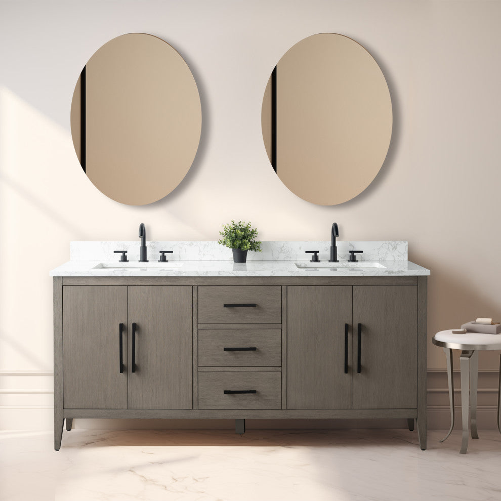 Vanity Art Bathroom Vanity With Sink, Driftwood Gray, 72", Double Sink, Matte Black