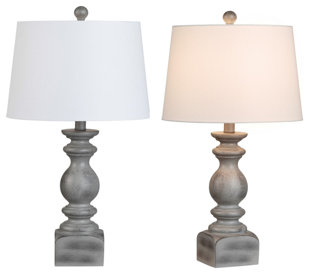 25"H Grey Resin Table Lamp With White Drum Shade, Set of 2